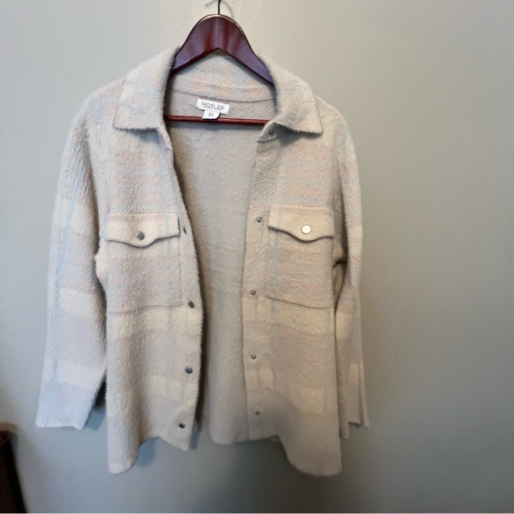 Rachel Zoe neutral plaid shirt jacket‎ teddy soft warm  shacket snap front nwot